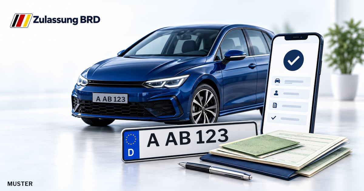Online Fahrzeugzulassung in Stadtbergen: Musterkennzeichen A AB 123, Auto und Fahrzeugpapiere und Smartphone. Illustration mit Logo von Zulassung BRD.